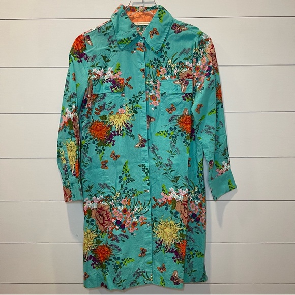 Soft Surroundings Floral Print Turquoise Shirt Dress Womens Size PS - Picture 1 of 9